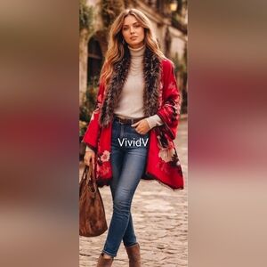 Anthroplogie Bold Floral Faux Fur Reversible In Cape/Wrap Red 70"x25 NWT$160